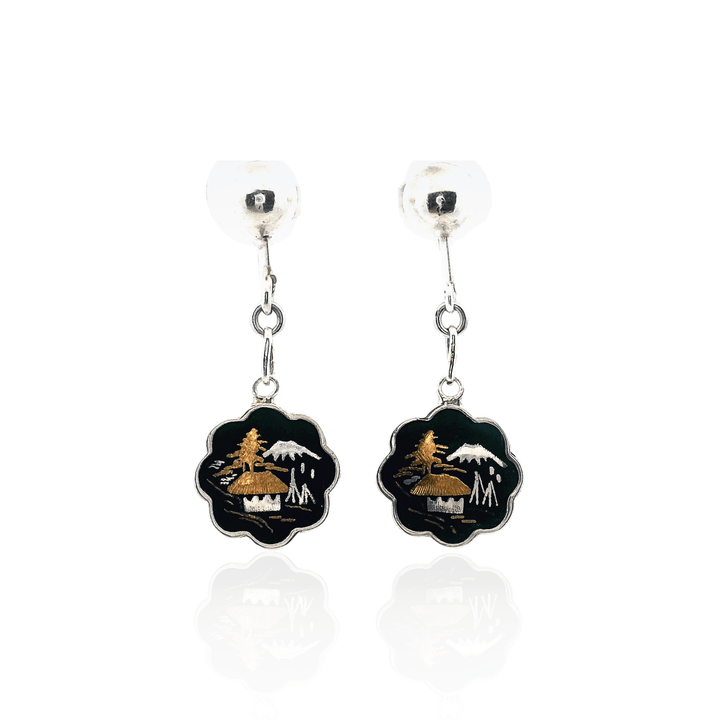 Estate Sterling Silver Niello Enamel Thai Art Landscape Drop Earrings