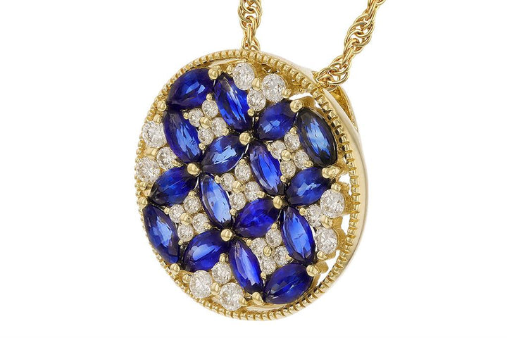 14K Yellow Gold 1.95ctw Blue Sapphire & Diamond Floral Medallion Necklace by Allison Kaufman