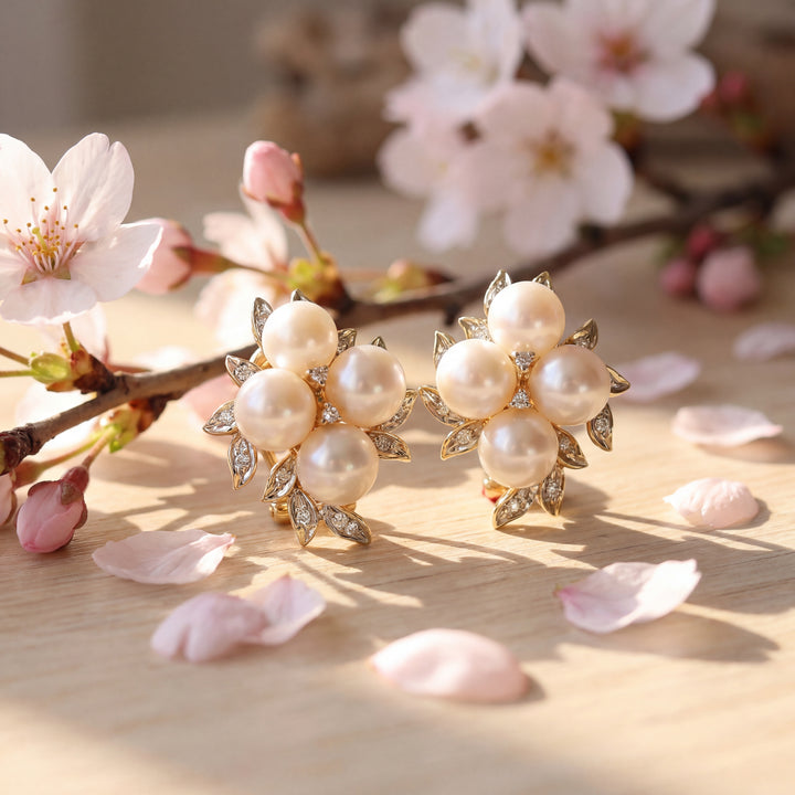 Estate 14K Yellow Gold 7.25-7.5MM Akoya Pearl & Diamond Cluster Stud Earrings