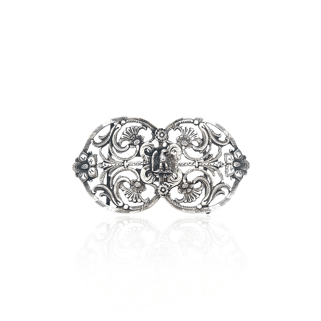 Estate Sterling Silver Floral Openwork Eagle Belt Buckle, Edwardian