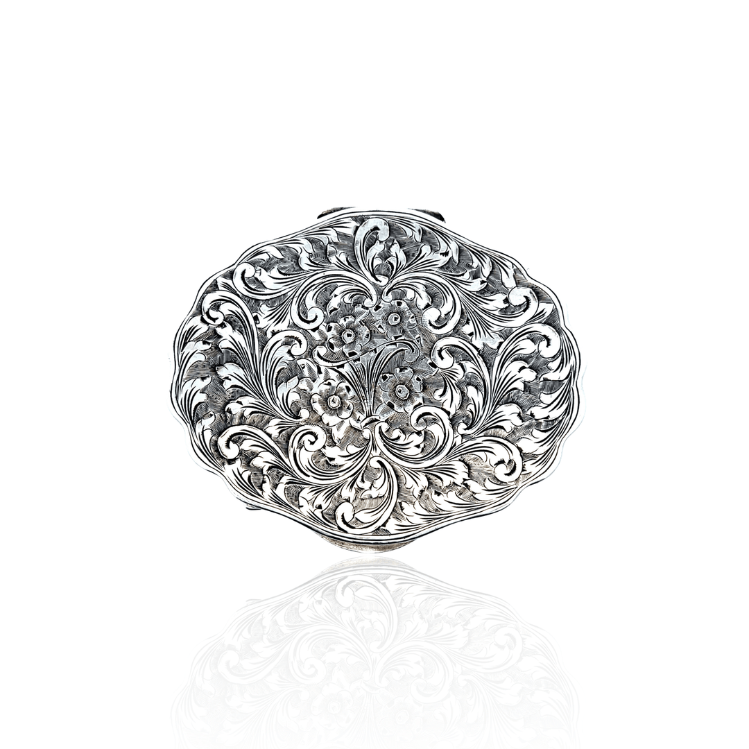 Estate Sterling Silver Floral Engraved Oval Compact with Mirror
