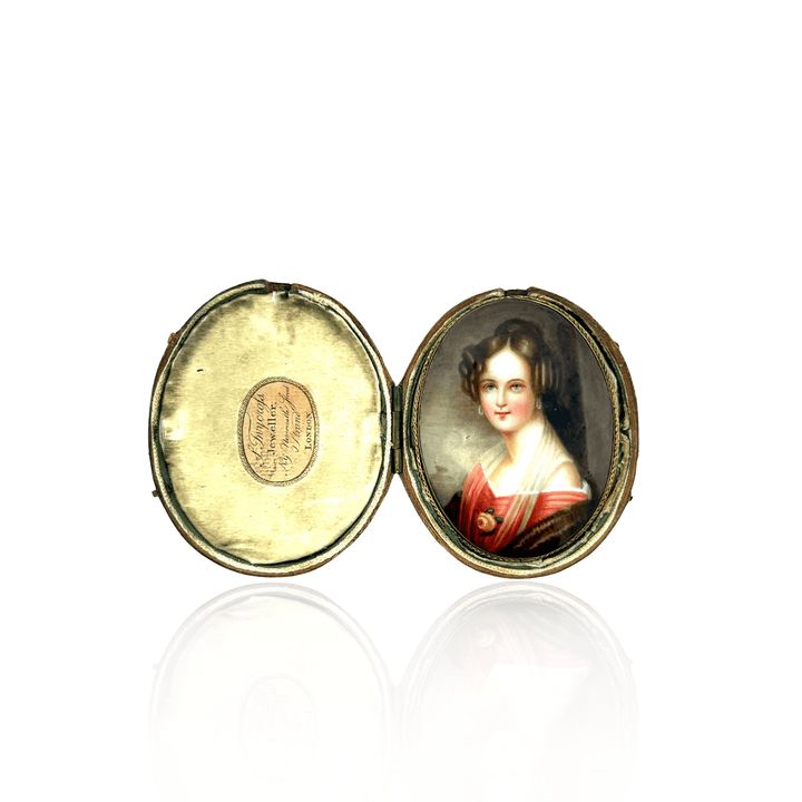 Estate Victorian Miniature Portrait Pin with Original Red Leather Box