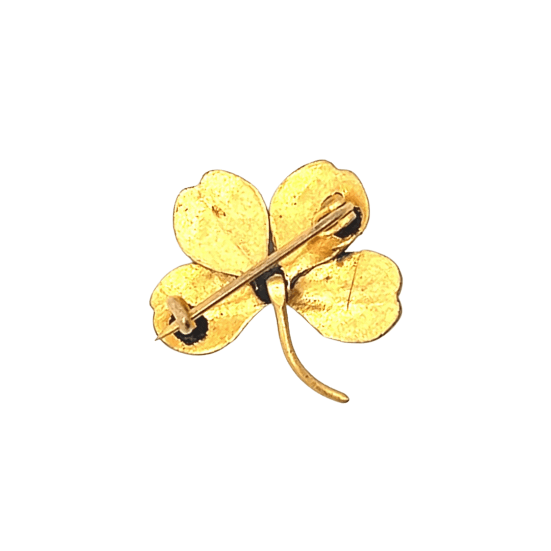 Estate Yellow Gold Filled Antique Four Leaf Clover Brooch with Glass Accent