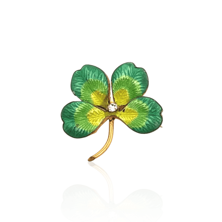 Estate Yellow Gold Filled Antique Four Leaf Clover Brooch with Glass Accent