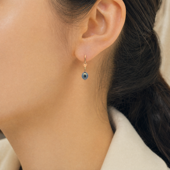 Estate 14K Yellow Gold Grey Cultured Pearl Drop Earrings