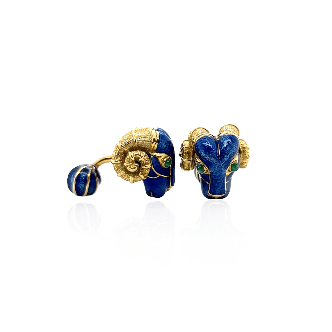 Estate 18K Gold 0.30CTW Emerald & Enamel Ram's Head Cufflinks