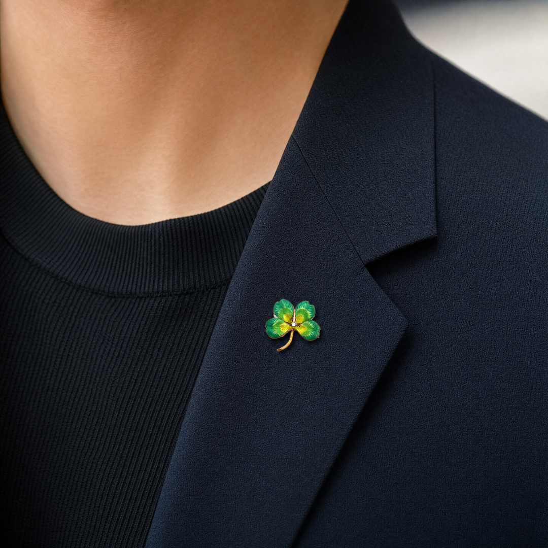 Estate Yellow Gold Filled Antique Four Leaf Clover Brooch with Glass Accent