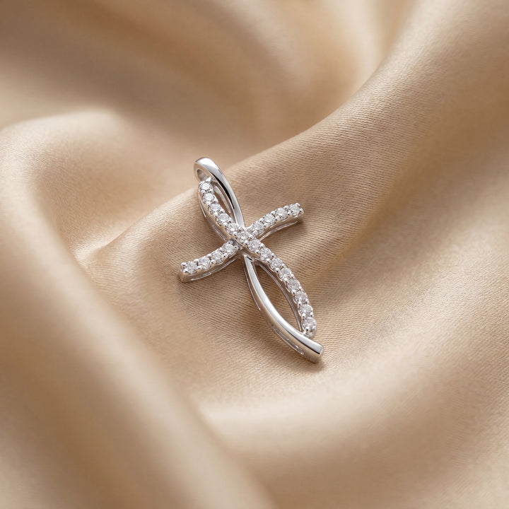 Estate 10K White Gold Diamond Pavé Cross Pendant