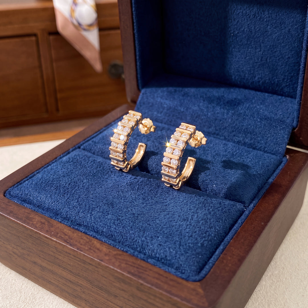 Estate 14K Yellow Gold 1.26CTW Diamond Double Row J Hoop Earrings