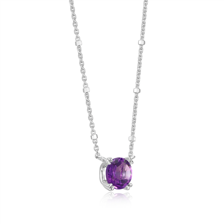 Sterling Silver Rhodium Plated Round Amethyst Sparkle Solitaire with 18" Chain
