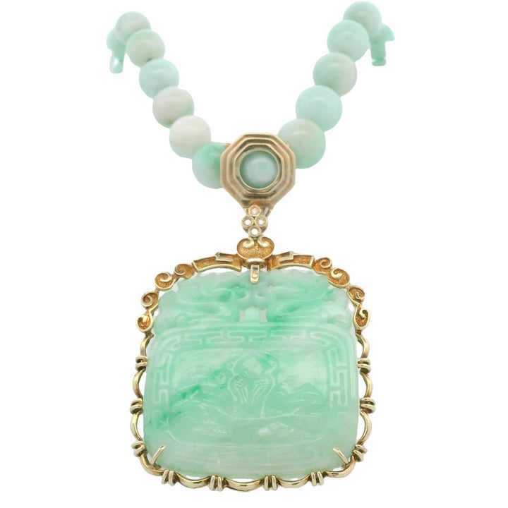 Estate 14K Yellow Gold Jade & Diamond Necklace