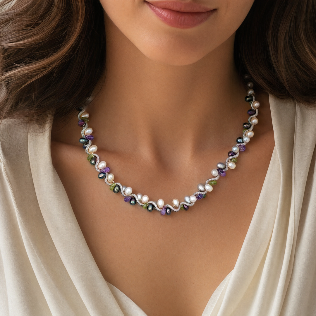 Estate Sterling Silver Peridot, Amethyst & Pearl Beaded Coil Wire Necklace