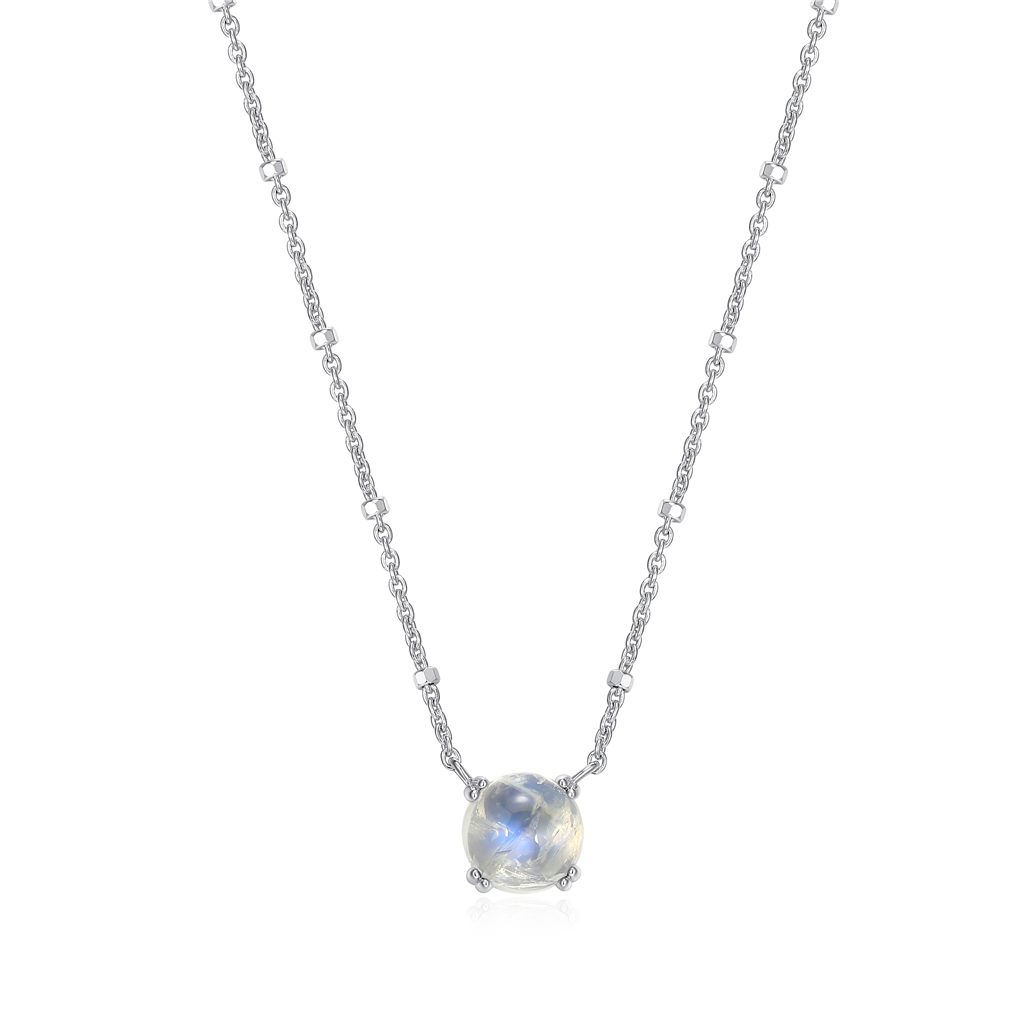 Sterling Silver Rhodium Plated Round Rainbow Moonstone Solitaire with 18" Chain