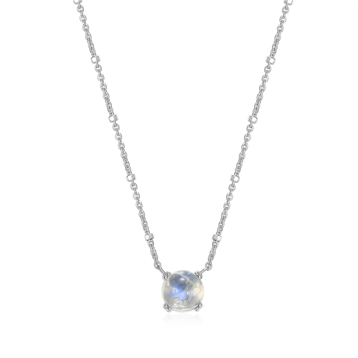 Sterling Silver Rhodium Plated Round Rainbow Moonstone Solitaire with 18" Chain