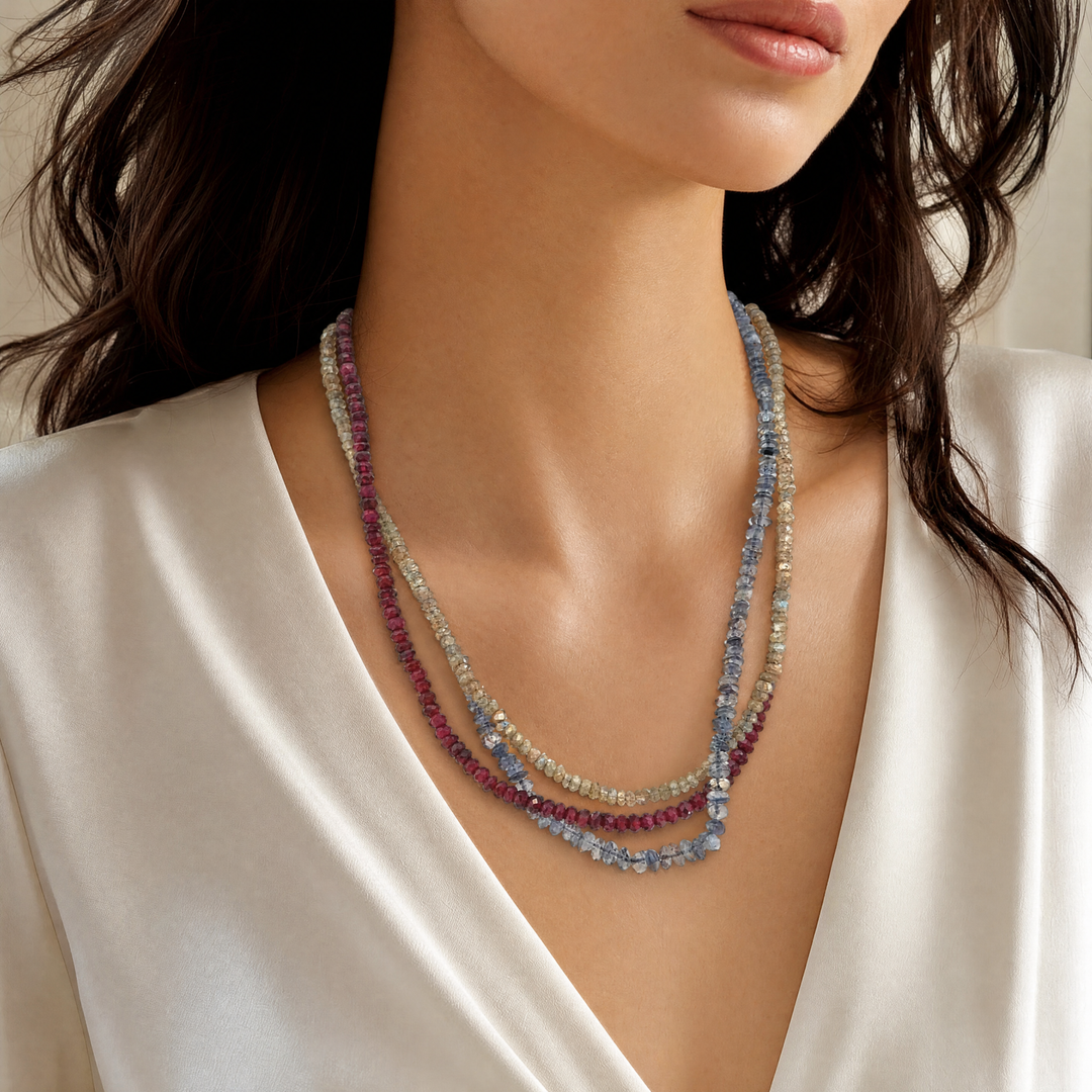 Estate Silver Tone Rhodolite Garnet, Labradorite & Tanzanite Tri-Strand Beaded Necklace
