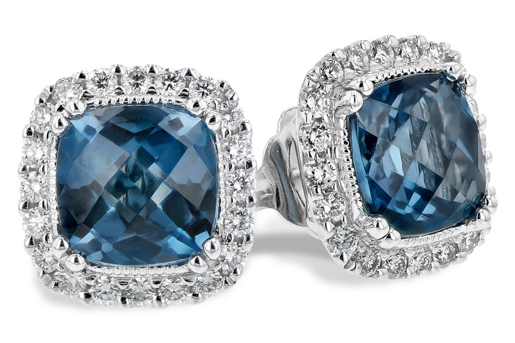 14K White Gold 2.50ctw Cushion London Blue Topaz & Diamond Halo Stud Earrings by Allison Kaufman