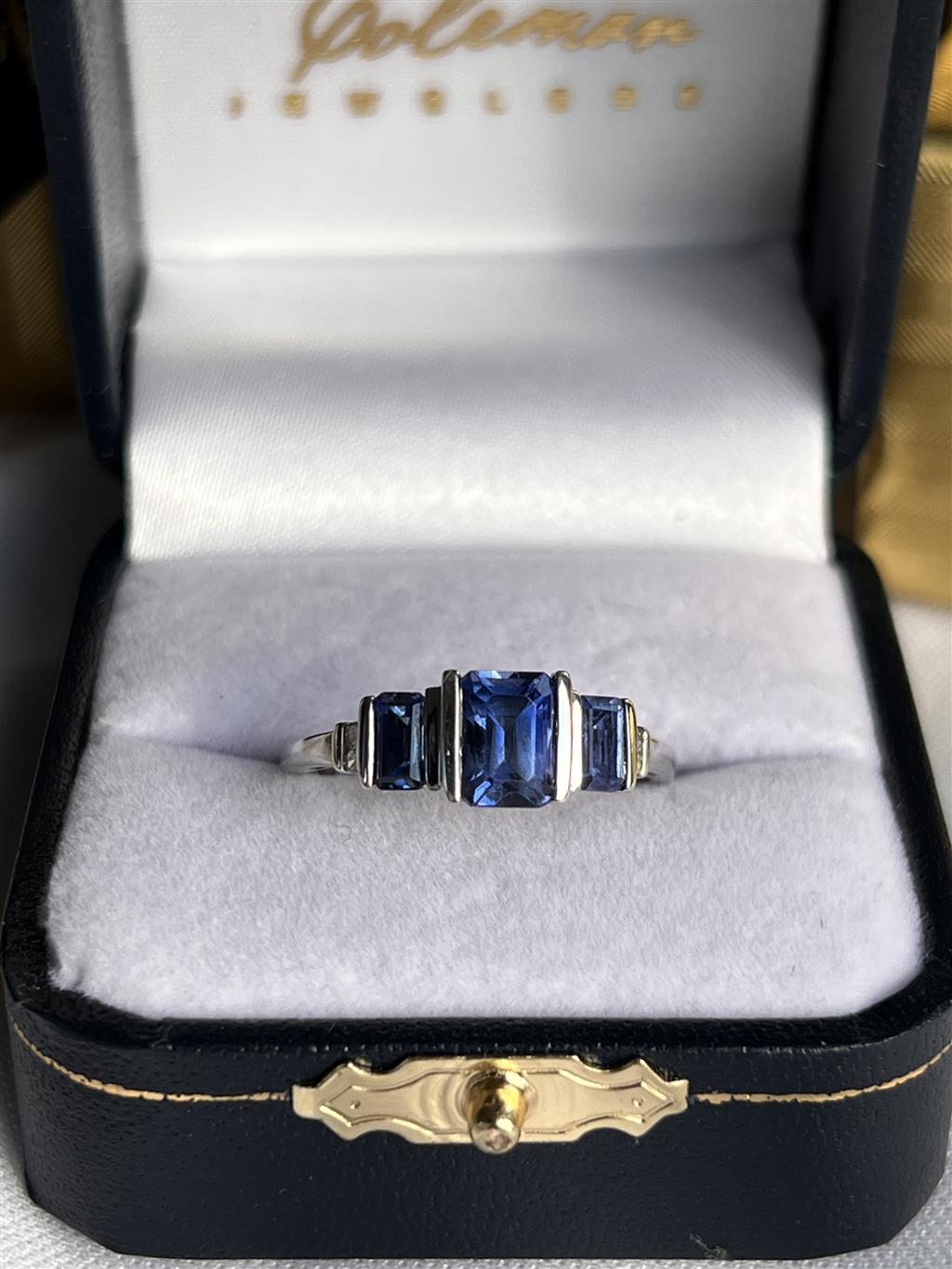 Estate 10K White Gold Emerald Cut Iolite and Diamond Three Stone Ring