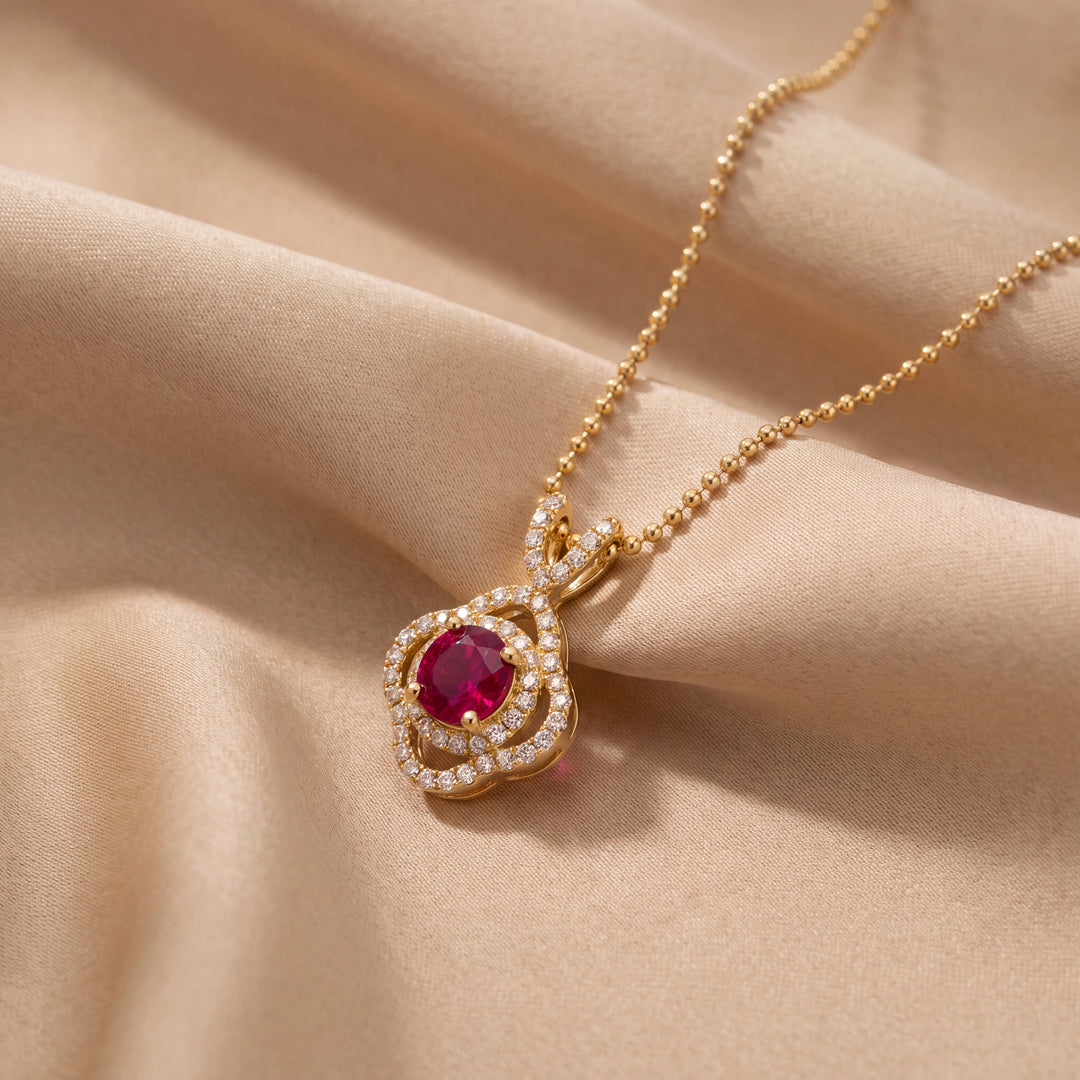 Estate 14KT Yellow Gold Round Ruby & Diamond Cluster Pendant