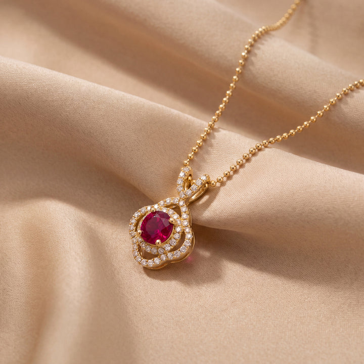 Estate 14KT Yellow Gold Round Ruby & Diamond Cluster Pendant