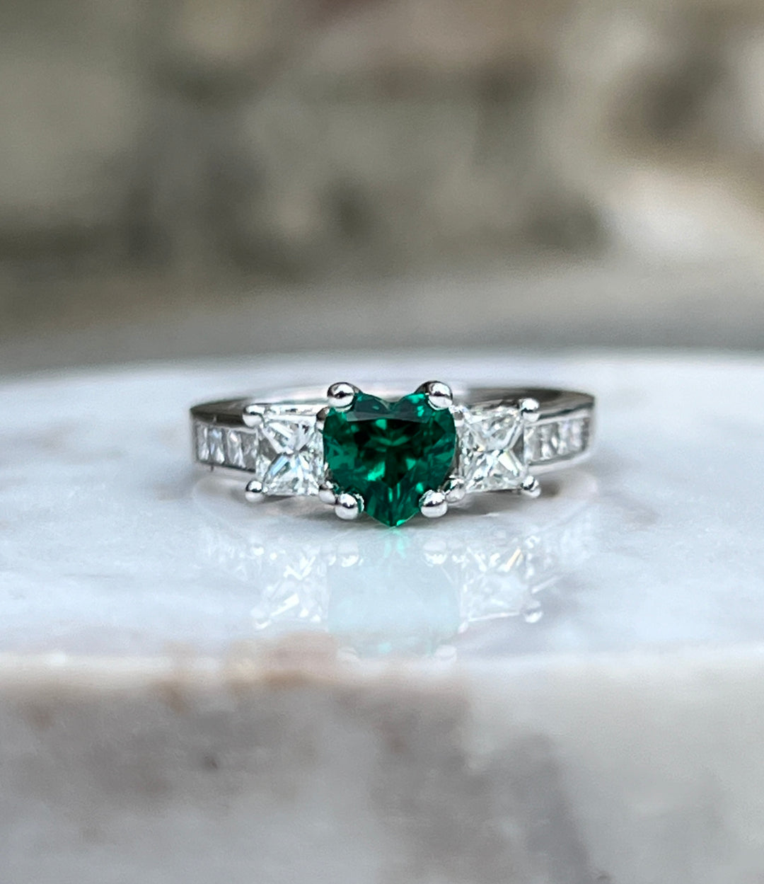 Estate 14K White Gold Lab Created Heart Emerald & Diamond Three Stone Ring