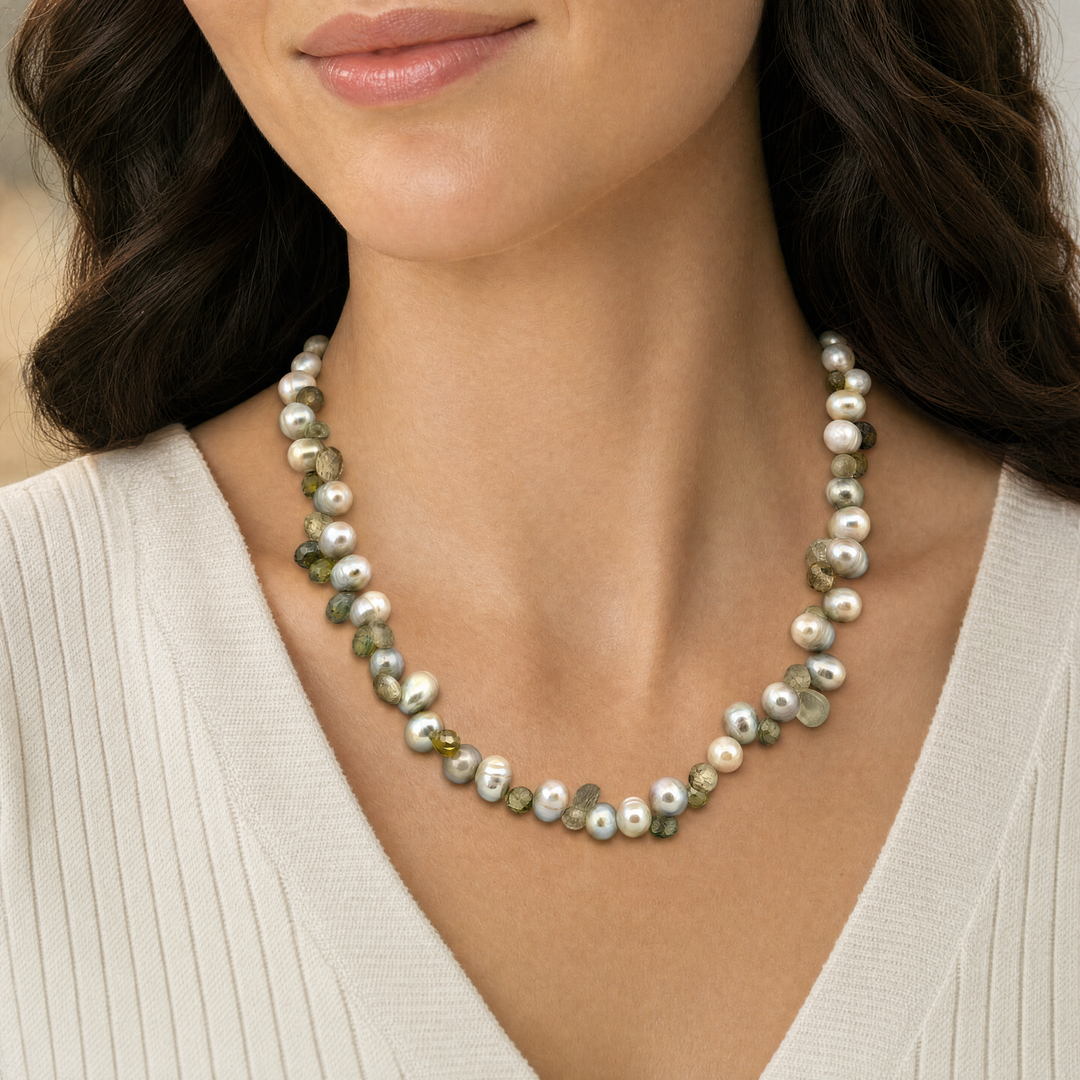 Estate Sterling Silver Dyed Green Pearl, Peridot & Quartz Beaded Necklace