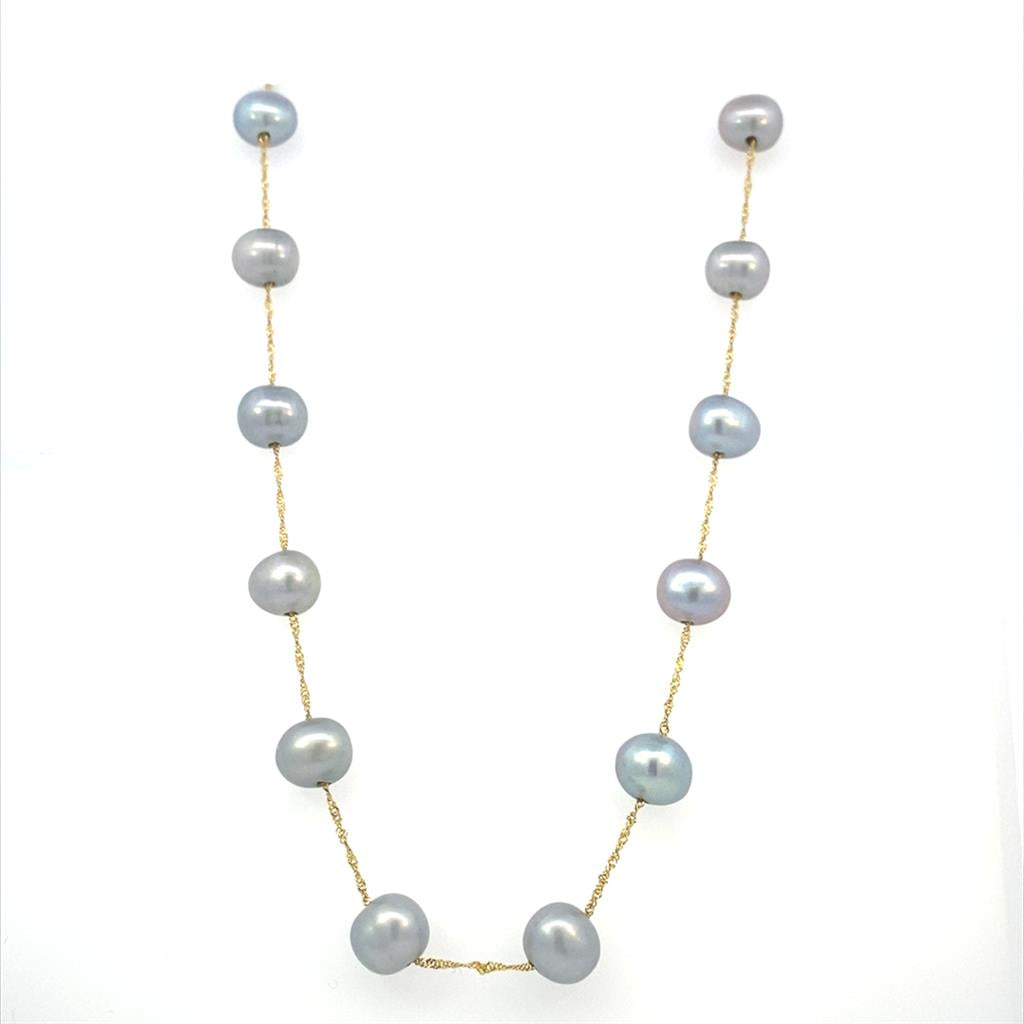 14K Yellow Gold 6.5-7mm Dyed Gray Freshwater Pearl Station Necklace