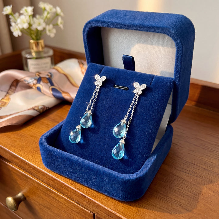 Estate 10K White Gold 8.73CTW Blue Topaz Briolette Butterfly Drop Earrings