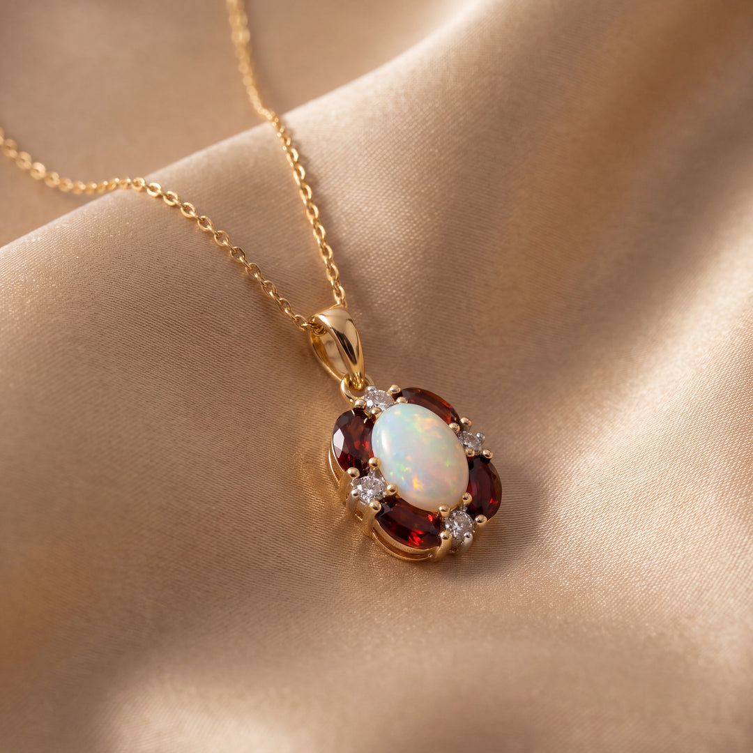 Estate 10KT Yellow Gold Opal, Garnet & Diamond Pendant