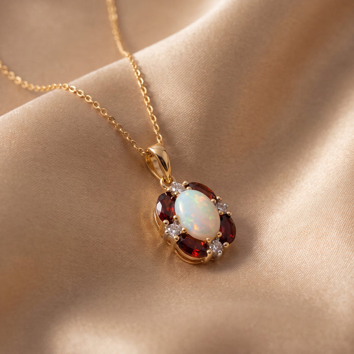 Estate 10KT Yellow Gold Opal, Garnet & Diamond Pendant
