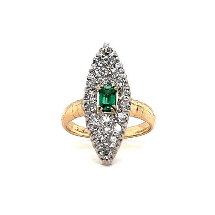 Estate Sterling Silver & 14K 1.27ctw Synthetic Emerald & Diamond Antique Ring