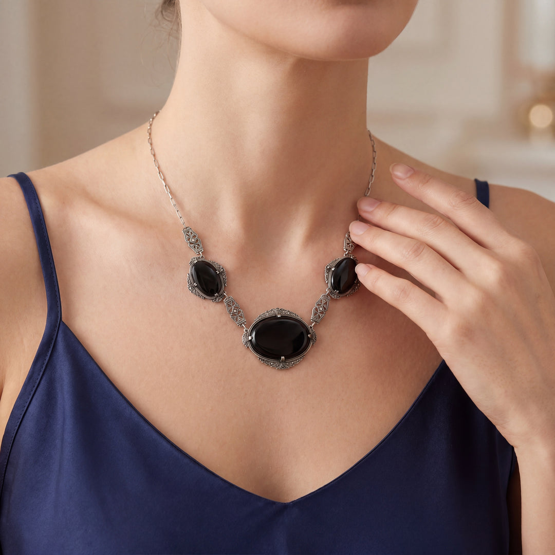 Estate Sterling Silver Black Onyx & Marcasite Art Deco Necklace