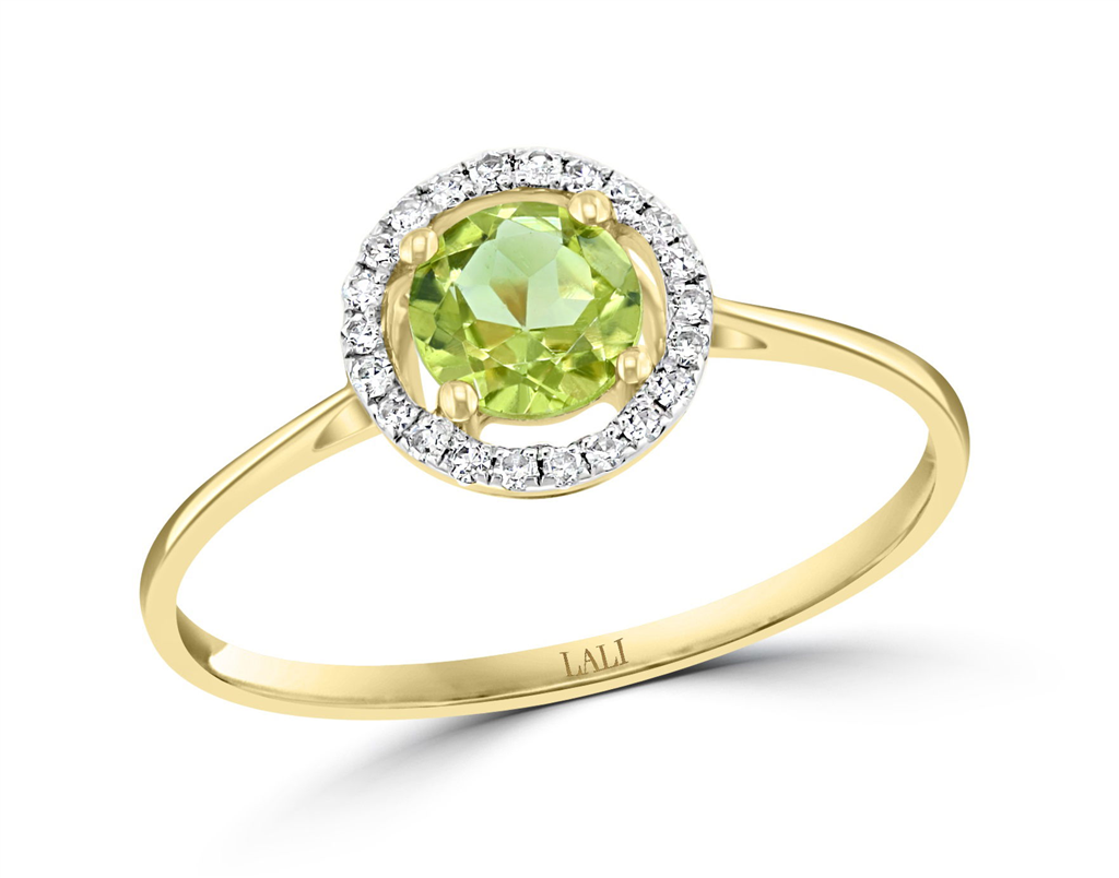 14K Yellow Gold 0.61ctw Round Peridot & Diamond Halo Ring