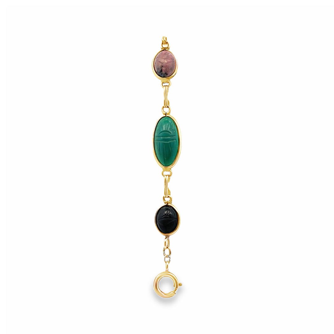 Estate Gold Filled Multi-Gemstone Carved Scarab Bracelet 8"