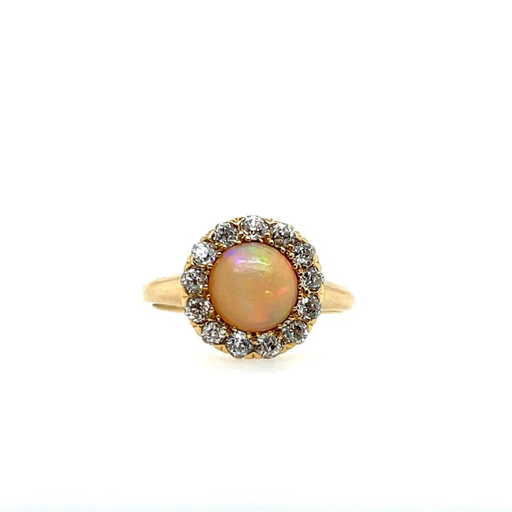 Estate 14K Yellow Gold 0.82ctw Opal & Diamond Halo Edwardian Ring