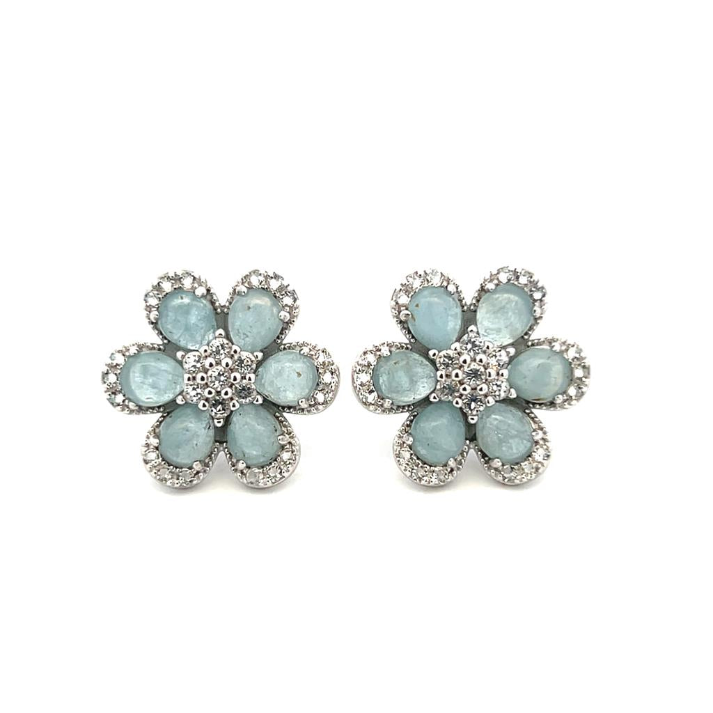 Sterling Silver Aquamarine & White Topaz Flower Stud Earrings by Samuel B.