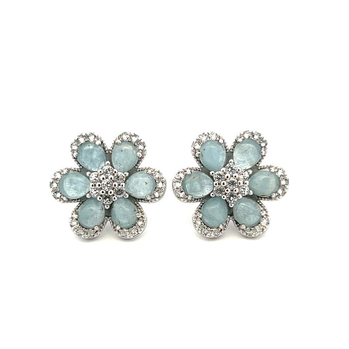 Sterling Silver Aquamarine & White Topaz Flower Stud Earrings by Samuel B.
