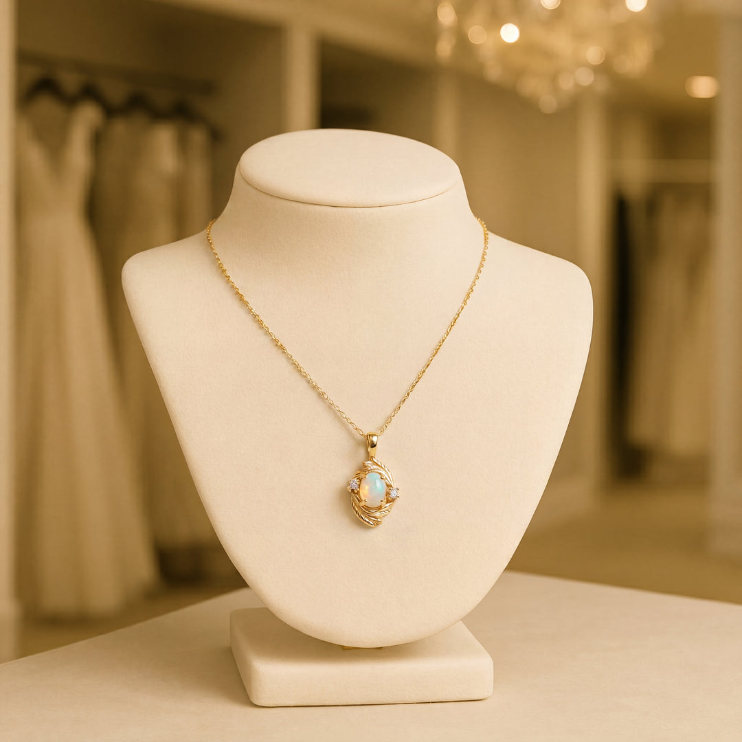 Estate 14K Yellow Gold Oval Cabochon Opal & Diamond Pendant Necklace