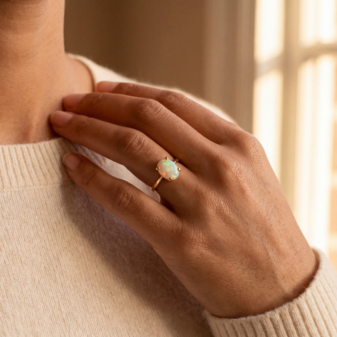 Estate 10K Yellow Gold Oval Opal Solitaire Ring