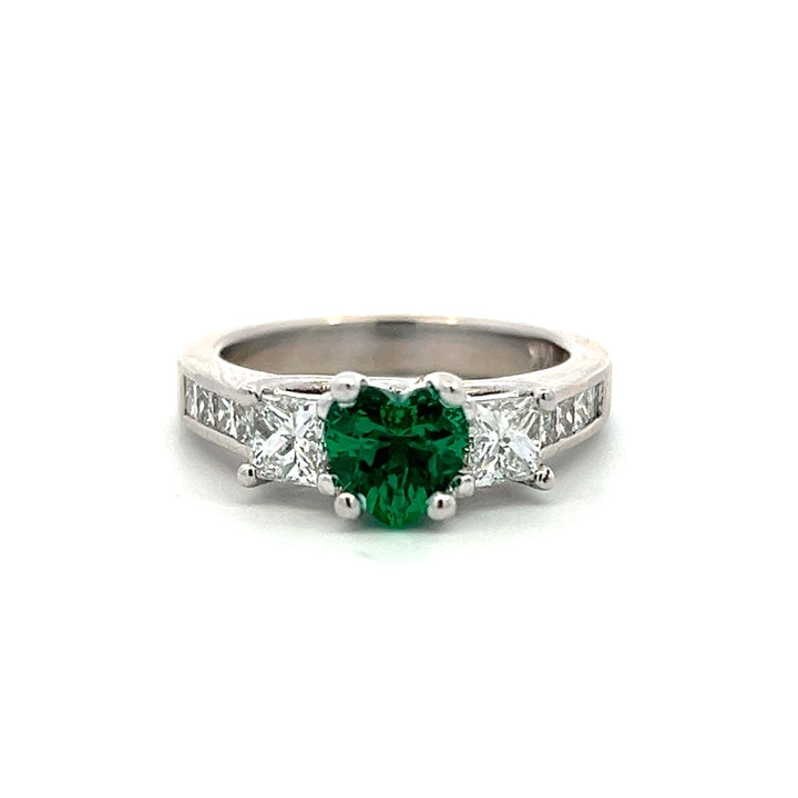 Estate 14K White Gold Lab Created Heart Emerald & Diamond Three Stone Ring