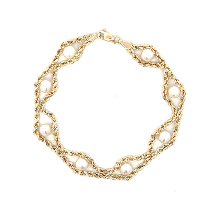 Estate 10K Yellow Gold 5.5mm Freshwater Pearl Rope Chain Station Bracelet