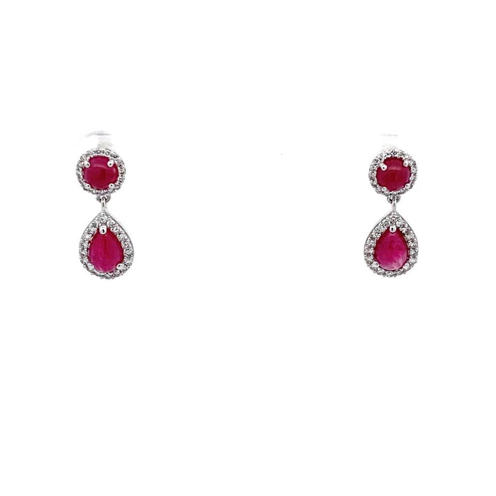 14K White Gold Cabochon Ruby & Diamond Halo Drop Earrings