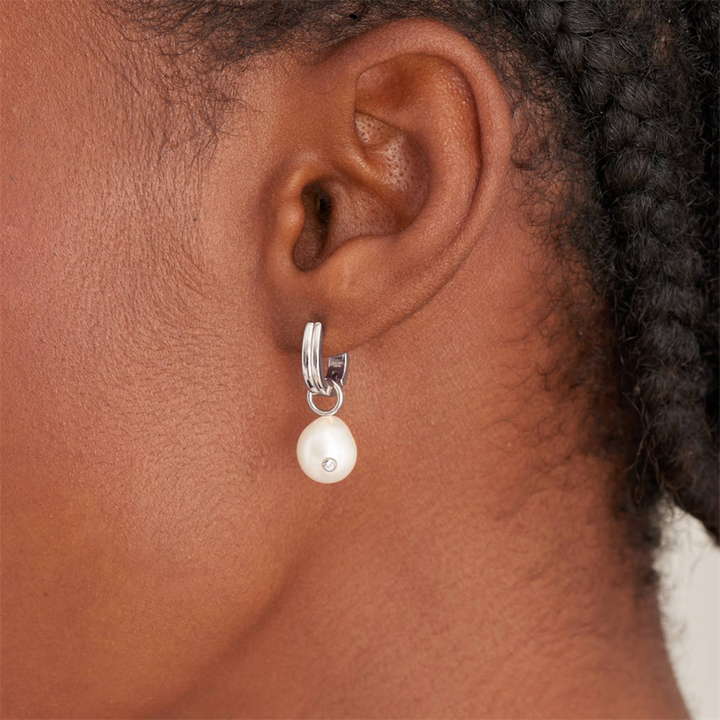 Sterling Silver Pearl Sparkle Huggie Hoop Drop Earrings by Ania Haie
