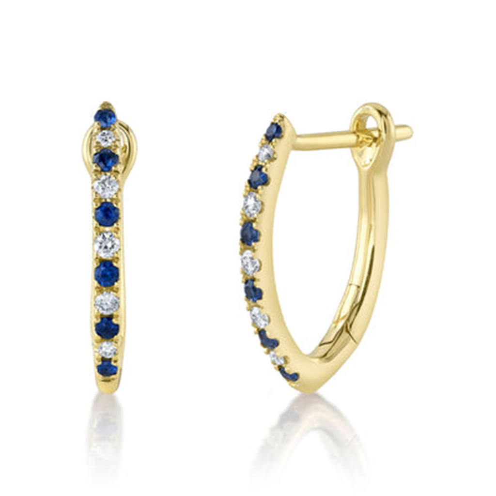 14K Yellow Gold 0.23ctw Blue Sapphire & Diamond Pointed Hoop Earrings by Shy Creation