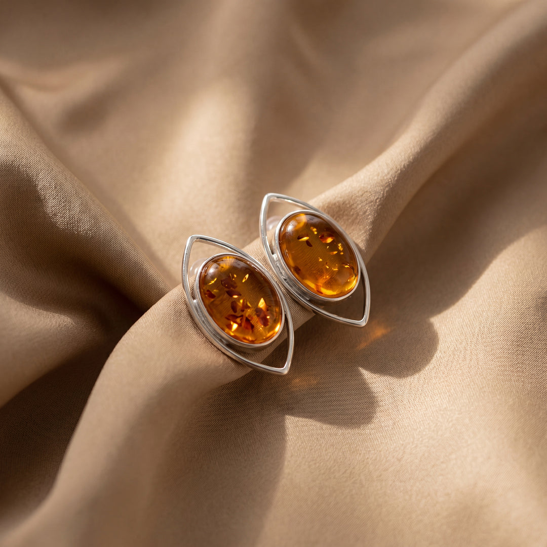 Estate Sterling Silver Oval Cabochon Amber Stud Earrings