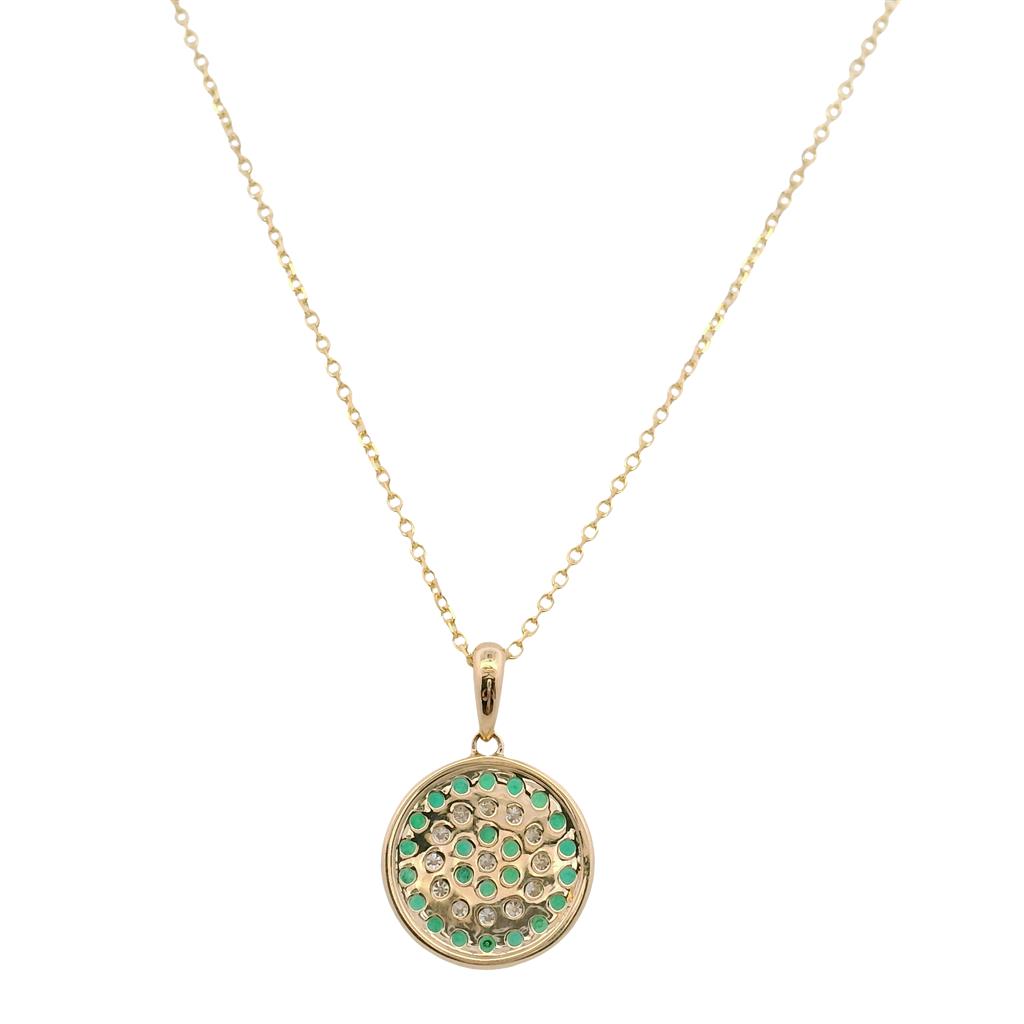 14K Yellow Gold Emerald Diamond Circular Pendant Necklace with Adjustable 18" Chain