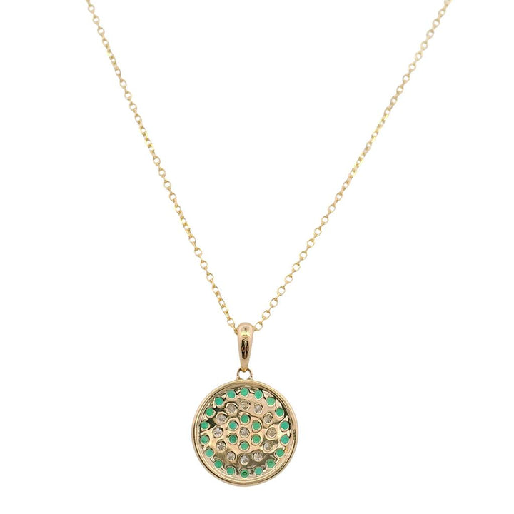 14K Yellow Gold Emerald Diamond Circular Pendant Necklace with Adjustable 18" Chain