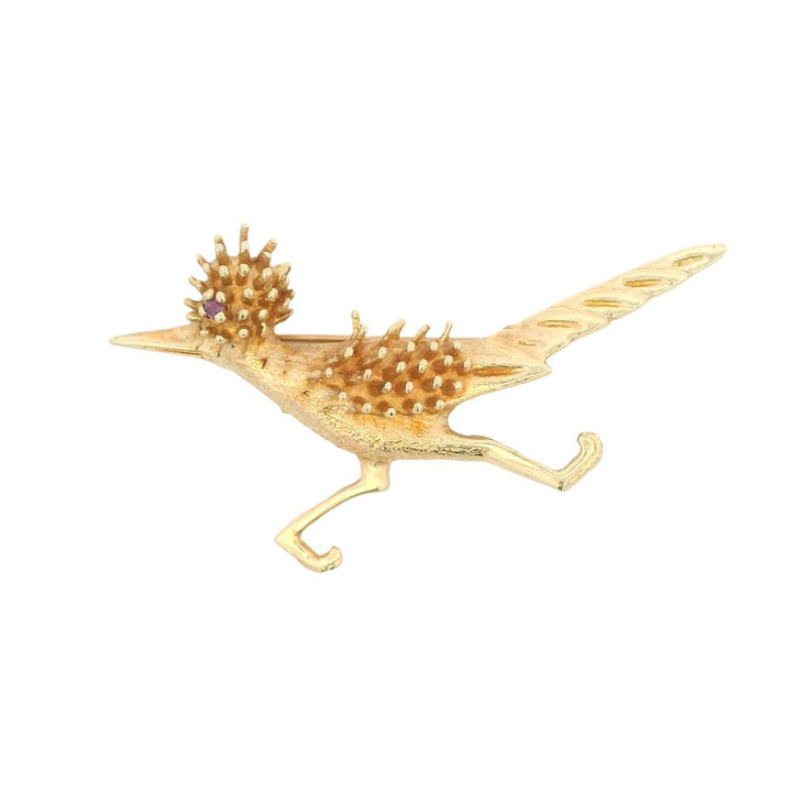 Estate 14K Yellow Gold Roadrunner Brooch - 1970s Southwestern Wildlife Design
