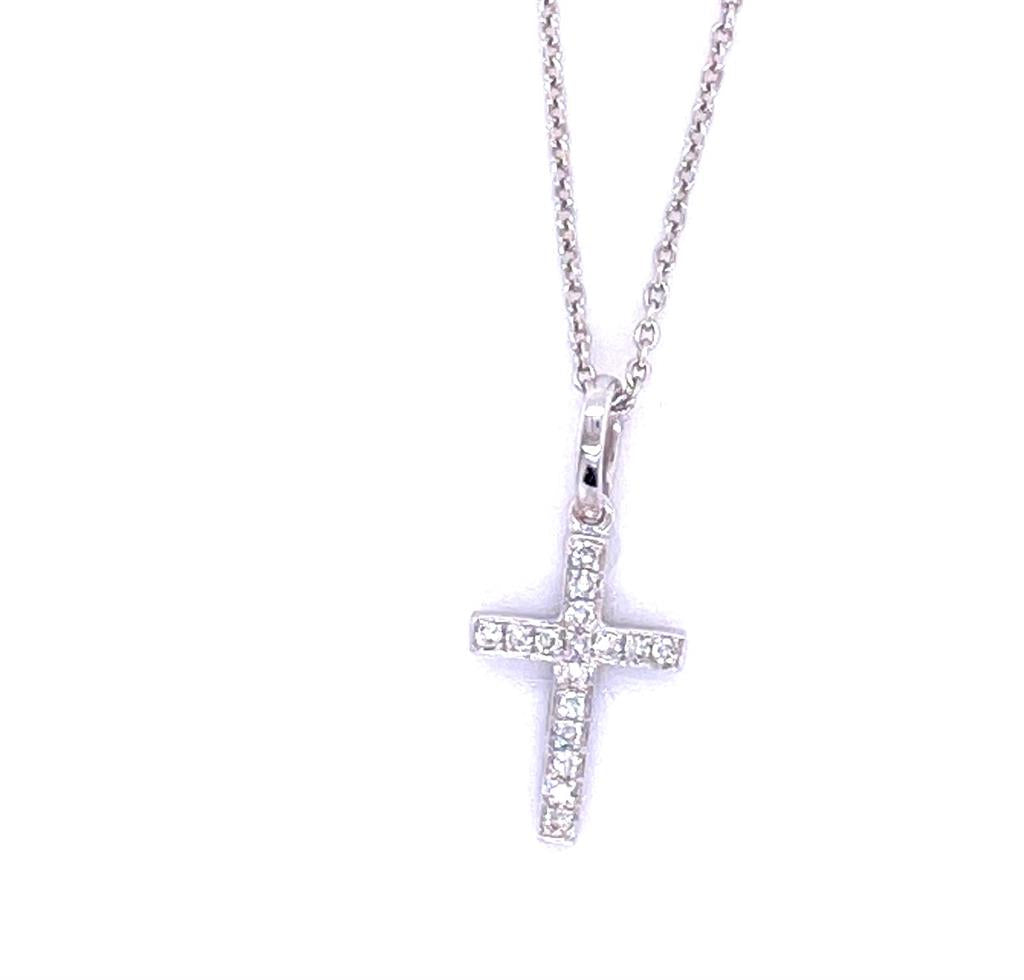 14K White Gold 0.06ctw Round Diamond Cross Necklace by Shy Creation