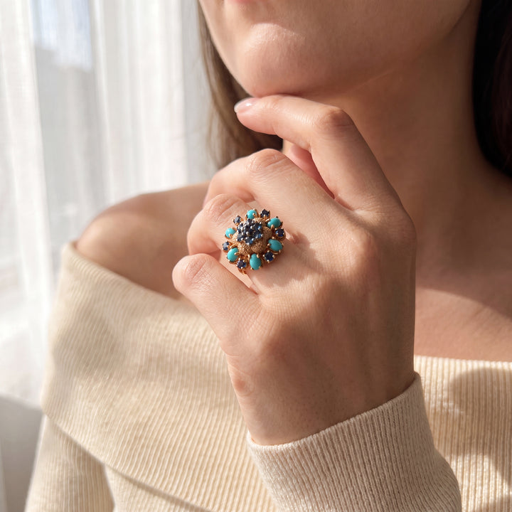 Estate Mid-Century 14K Yellow Gold Blue Sapphire & Turquoise Cluster Floral Ring