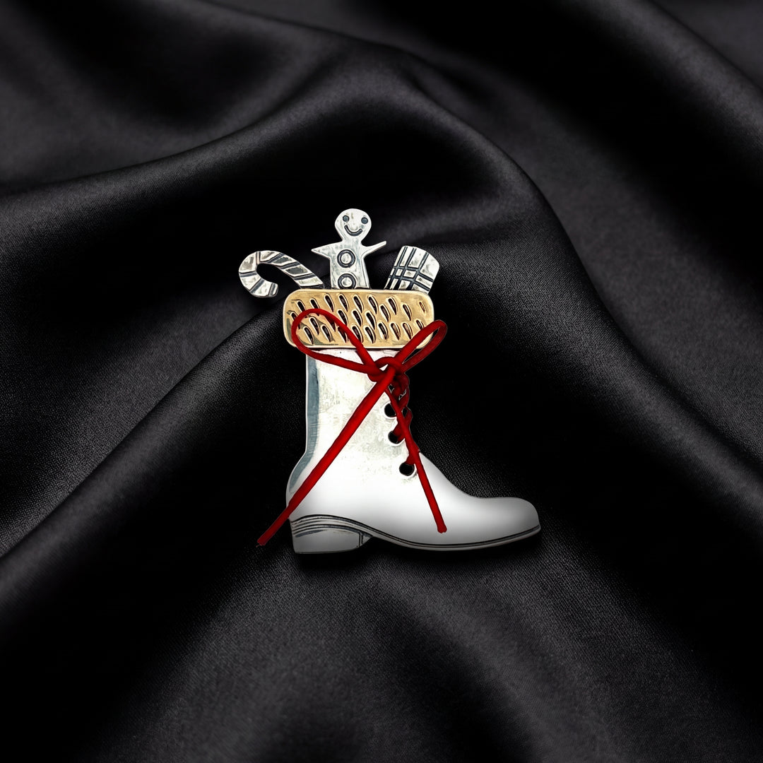 Estate Sterling Silver Santa Boot Pin with Holiday Motifs